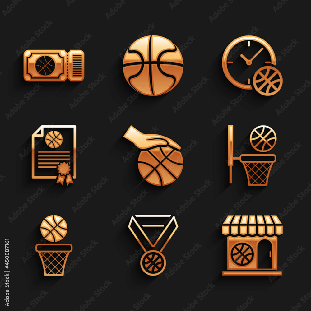 Set Hand with basketball ball, Basketball medal, Sports shop, Certificate award, Clock and game ticket icon. Vector