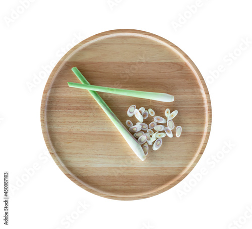 Fresh lemongrass and chilli on a wooden tray