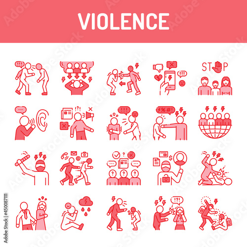 Violence color line icons set. Harassment, social abuse and bullying. Editable stroke