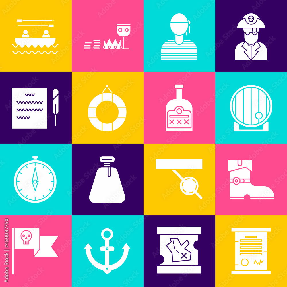 Set Decree, parchment, scroll, Leather pirate boots, Wooden barrel, Sailor captain, Lifebuoy, Feather pen and, Boat with oars and Alcohol drink Rum bottle icon. Vector