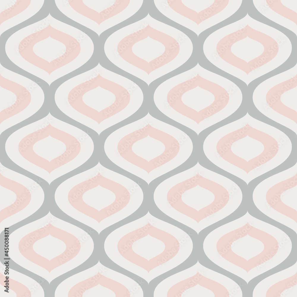 Neutral Pastel Colored Geometric Design With Ogee Shaped Motifs. Retro Abstract Geometric Seamless Repeat Vector Pattern. Neutral Pastel Colored Geometric Design With Ogee Shaped Motifs. Retro Abstract Geometric Seamless Repeat Vector Pattern.
