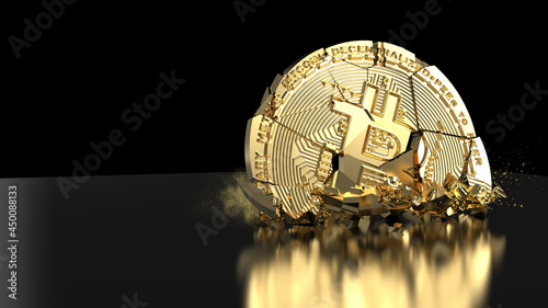 Disintegration of a BTC bitcoin token. Cryptocurrency collapse related conceptual 3D rendering	
