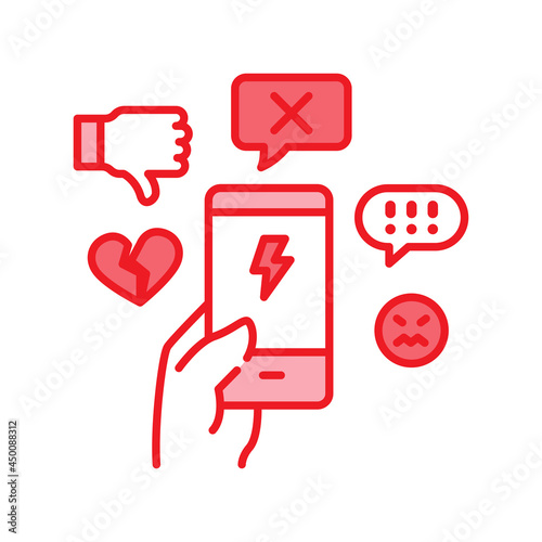 Cyberbullying victim hand holding smartphone black line icon. Abuse, internet, hate concept. Social media insult. Sign for web page, mobile app, button, logo. Editable stroke.