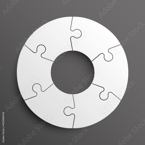 Puzzle six piece business round presentation. Circle puzzles infograph. Section compare banner background. 6 puzzle step round process diagram. business infographic banner