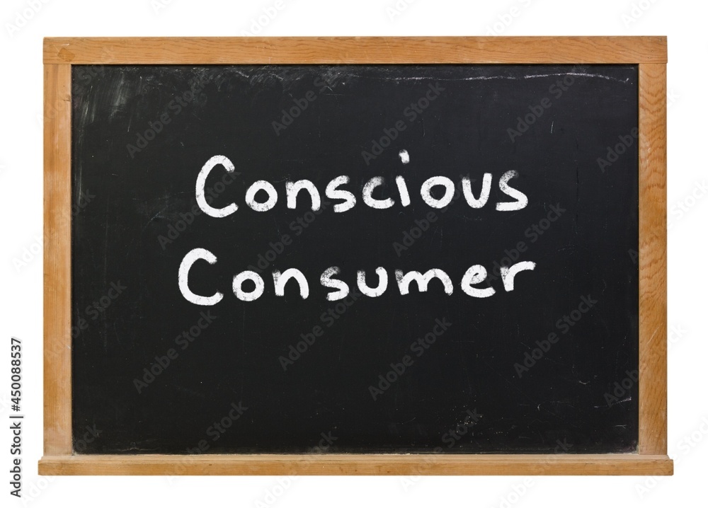 Conscious consumer written in white chalk on a black chalkboard isolated on white
Conscious consumer written in white chalk on a black chalkboard isolated on white