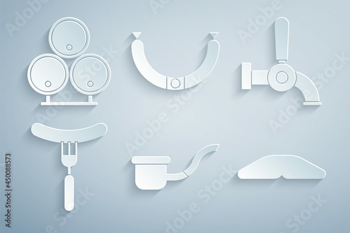 Set Smoking pipe, Beer tap, Sausage on the fork, Homemade pie, and Wooden barrels icon. Vector
