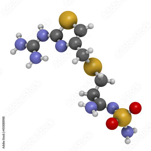 Famotidine drug molecule. 3D rendering. photo