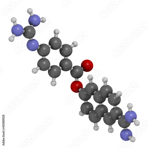 Nafamostat drug molecule (serine protease inhibitor). 3D rendering. photo