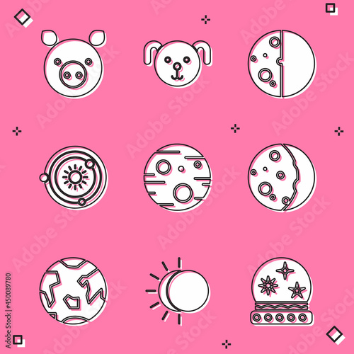 Set Pig zodiac, Dog, Eclipse of the sun, Solar system, Planet Mars, Earth and icon. Vector