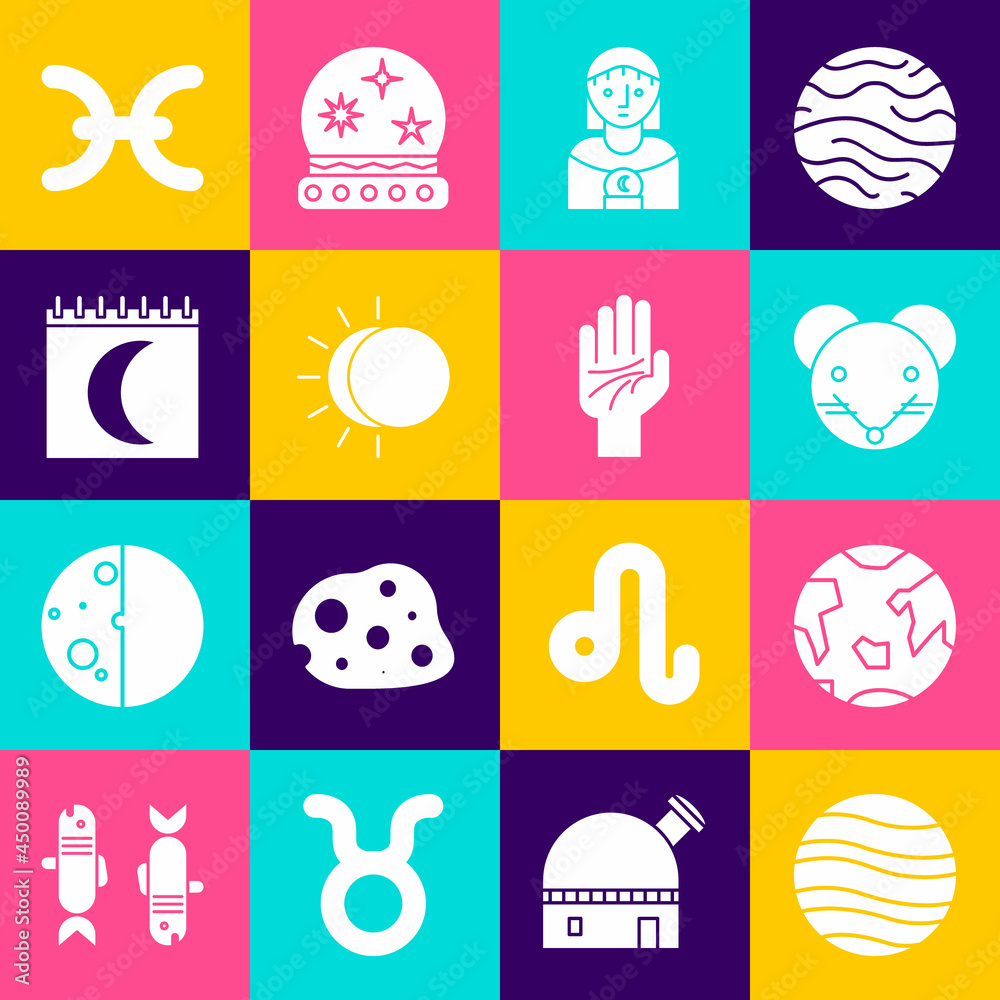 Set Planet Jupiter, Earth, Rat zodiac, Astrology woman, Eclipse of the sun, Moon phases calendar, Pisces and Palmistry hand icon. Vector Set Planet Jupiter, Earth, Rat zodiac, Astrology woman, Eclipse of the sun, Moon phases calendar, Pisces and Palmistry hand icon. Vector