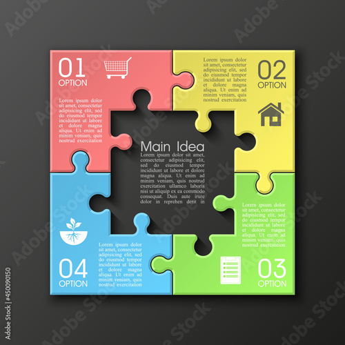 Four sided 3d puzzle presentation. Abstract puzzle infographic template with explanatory text field for business statistics. Vector four pieces puzzles illustration