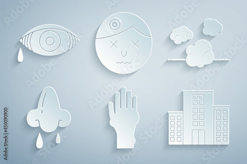 Set Hand with psoriasis or eczema, Dust, Runny nose, Medical hospital building, Man having headache and Reddish eye allergic conjunctivitis icon. Vector