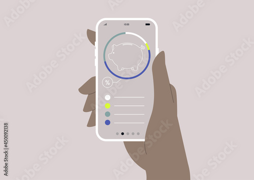A hand holding a mobile phone with an online banking interface on it, digital financial service