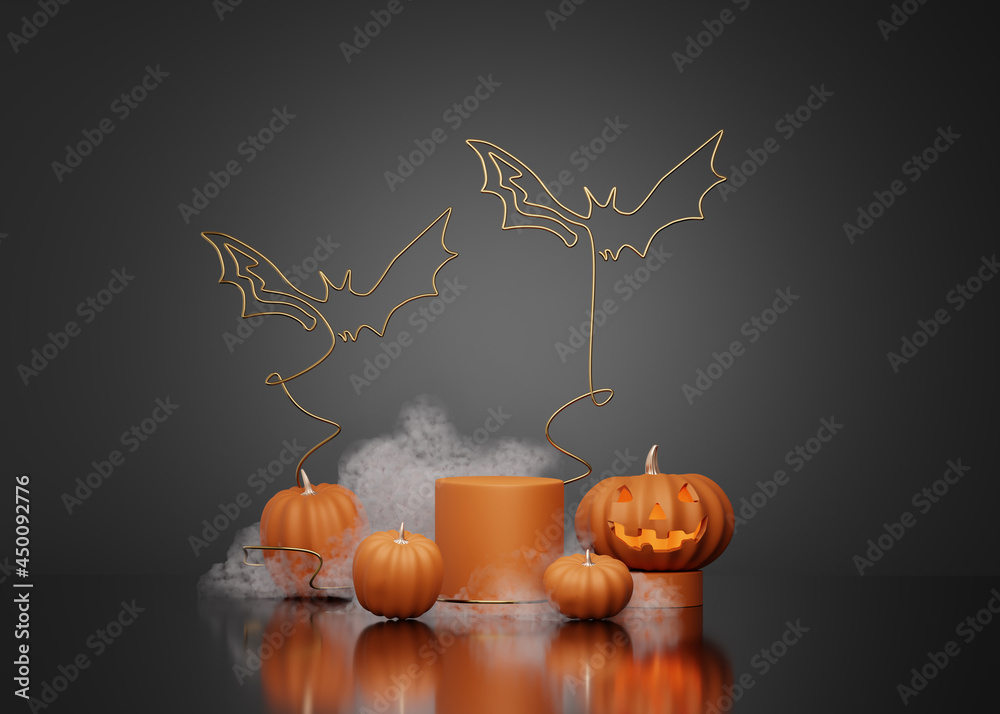 3D Halloween background pedestal podium on black, pumpkin display with ...