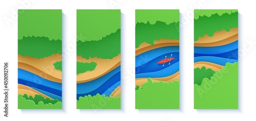 Set of top view cloudy landscape banners in paper cut style. Eco tourism 3d flyers with aerial view river summer trees and kayak boat. Vector card illustration of extreme rafting sport papercut art