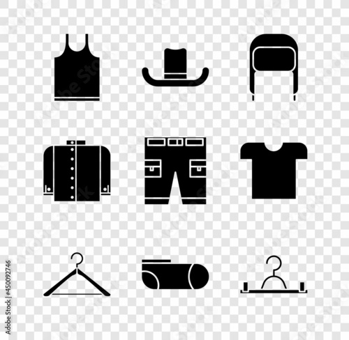 Set Sleeveless T-shirt, Man hat, Winter with ear flaps, Hanger wardrobe, Sport socks, and Short pants icon. Vector