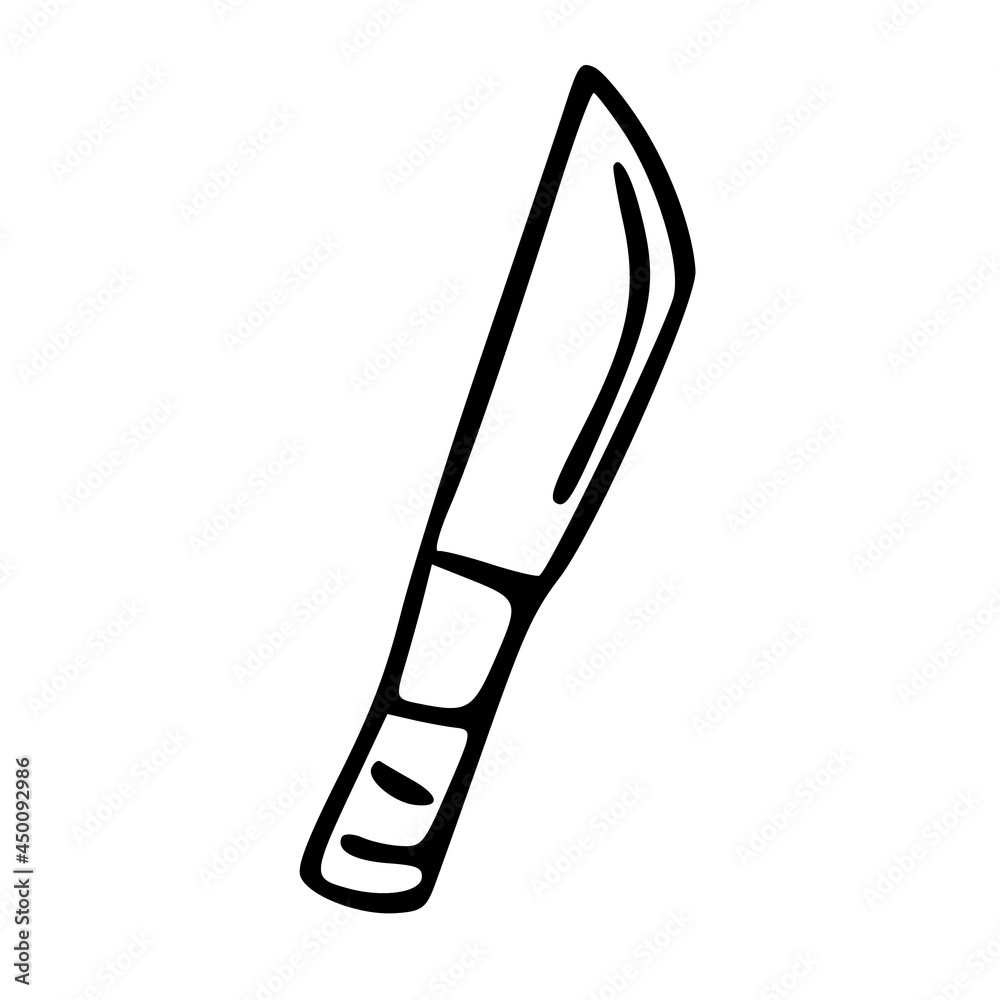 A camping knife drawn by hand with a black outline. A self-defense object, a kitchen knife. Doodle-style knife icon A camping knife drawn by hand with a black outline. A self-defense object, a kitchen knife. Doodle-style knife icon
