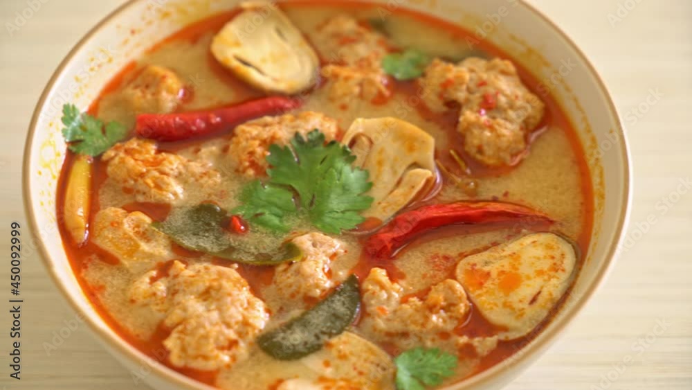 spicy boiled pork soup with mushroom - Tom Yum - Asian food style spicy boiled pork soup with mushroom - Tom Yum - Asian food style