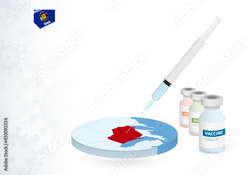 Vaccination in Wisconsin with different type of COVID-19 vaccine. Сoncept with the vaccine injection in the map of Wisconsin.