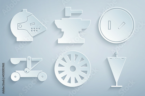 Set Old wooden wheel, Round shield, Catapult shooting stones, Medieval flag, Anvil for blacksmithing hammer and iron helmet icon. Vector