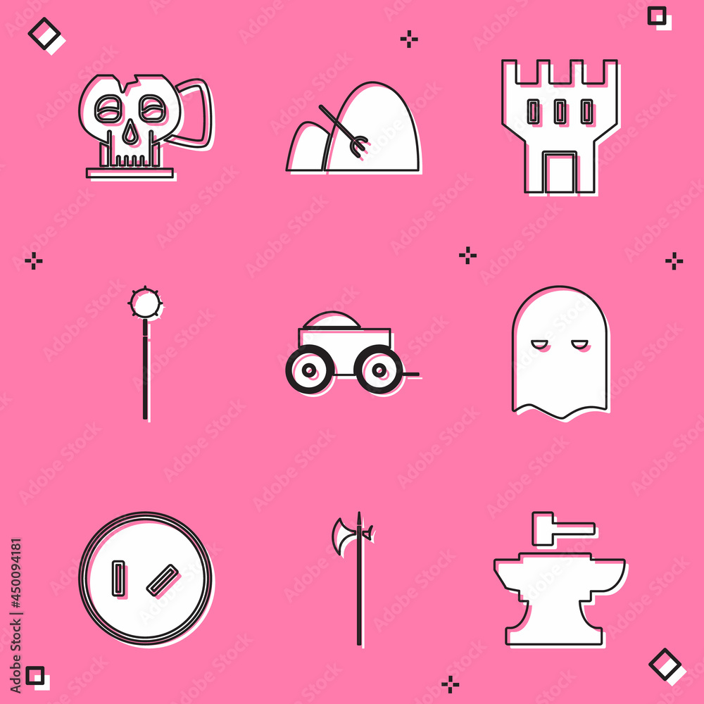 Set Cup from the skull, Bale of hay and rake, Castle tower, Medieval chained mace ball, Wooden four-wheel cart, Executioner mask, Round wooden shield and halberd icon. Vector Set Cup from the skull, Bale of hay and rake, Castle tower, Medieval chained mace ball, Wooden four-wheel cart, Executioner mask, Round wooden shield and halberd icon. Vector