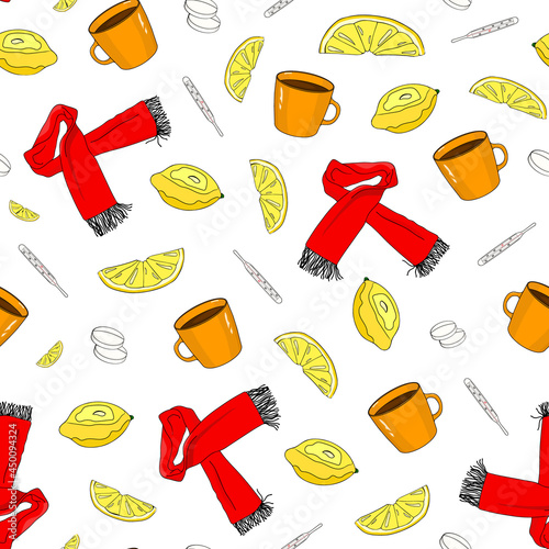 Therapy seamless pattern. A whole lemon, lemon slice, thermometer, pills, scarf, mug of hot tea. white background. Hand drawing. Vector illustration.