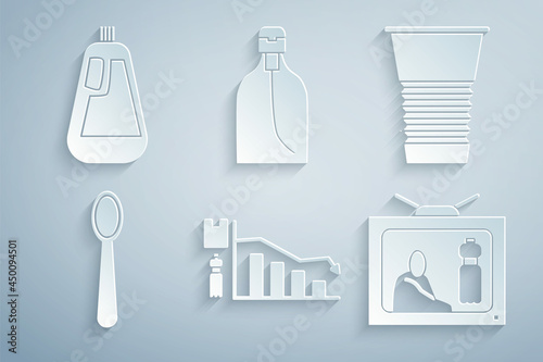 Set Ecology infographic, Paper glass, Disposable plastic spoon, Stop pollution, Bottle of liquid soap and for dishwashing icon. Vector