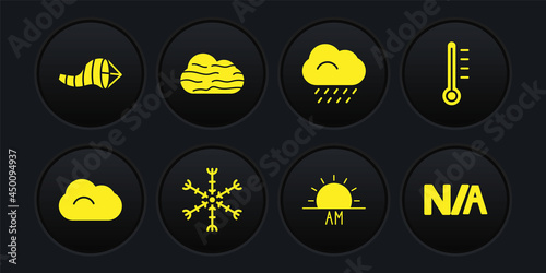 Set Cloud, Meteorology thermometer, Snowflake, Sunrise, with rain, Fog and cloud, Not applicable and Cone meteorology windsock wind vane icon. Vector