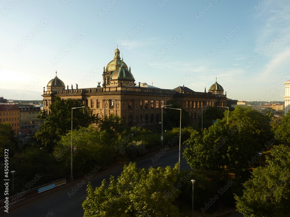 National Museum in Prague with sunset, a Czech museum institution intended to systematically establish, prepare, and publicly exhibit natural scientific and historical collections