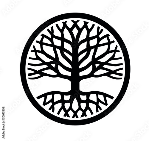 Round Tree of Life with roots,branches.Vector black circle outline silhouette drawing.Family oak logo icon sign design.Tattoo.Print decor.Vinyl wall sticker decal.DIY.Cut file.Plotter laser cutting. photo