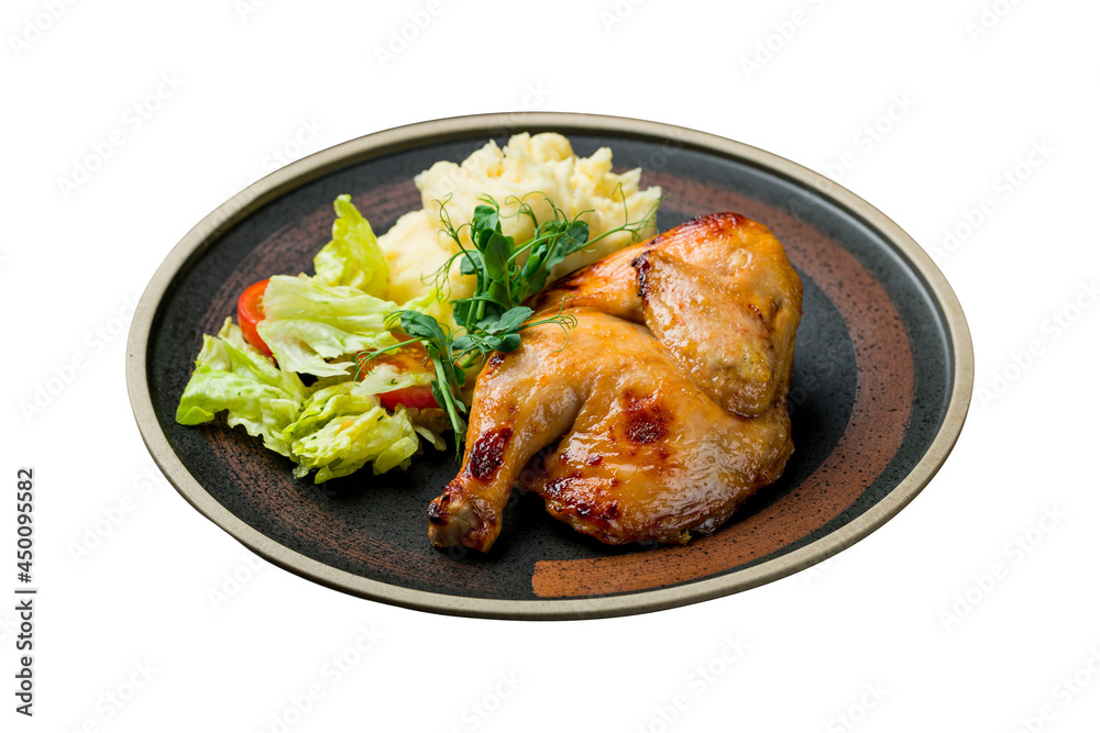 Chinese fried chicken with mashed potatoes isolated on white background Chinese fried chicken with mashed potatoes isolated on white background