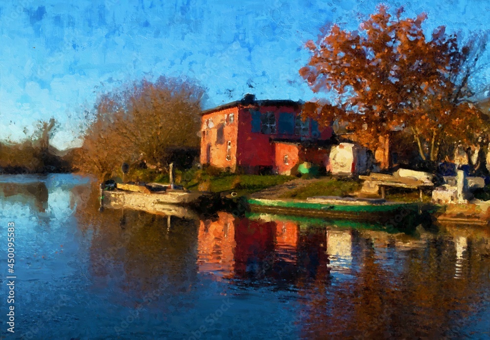 acrylic painting of a fisherman's house on the river Havel. Boats are reflected in the water. Autumn.