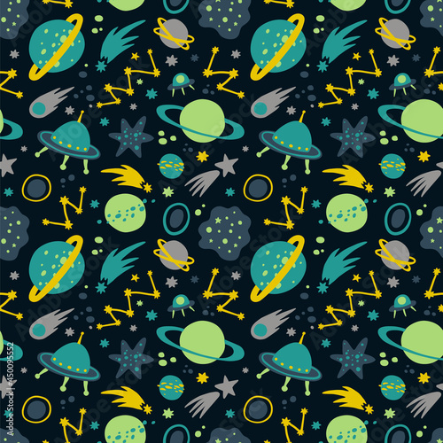 Vector space seamless pattern with hand drawn cosmic elements: star, planet, constellations, comets, galaxies. Flat kids vector illustration on dark background.
