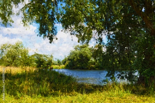 Acryl paintings of the Havel river landscape in summer. Land Brandenburg