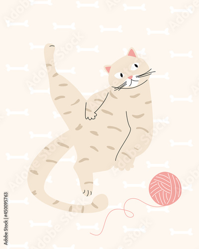 A beige cat in a spot lies lazily on a beige background with bones and a ball of thread. Vector illustration. Animals, wallpaper, print.
