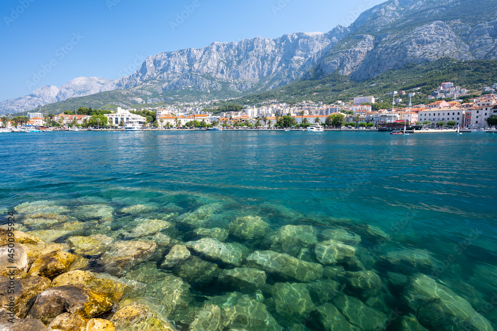 Makarska turquoise waterfront and Biokovo mountain view, Dalmatia region of Croatia