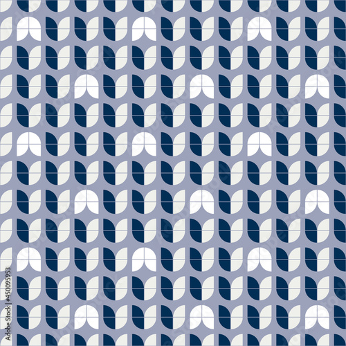 Mid Century Modern Geometric Floral Design With Gray And Blue Navy Colors. MOD Style Seamless Vector Repeat Patten For Home Décor, Textiles, Fabric, Packaging.