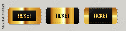 Set of 3d golden tickets. Three-dimensional golden tickets with inscription "Ticket". Vector illustration.