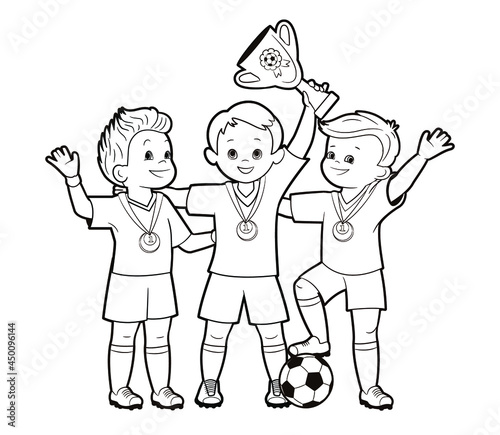 Coloring book: three young soccer players with medals around their necks celebrating victory in a football match holding a cup in their hands.Vector illustration, cartoon, black and white line art