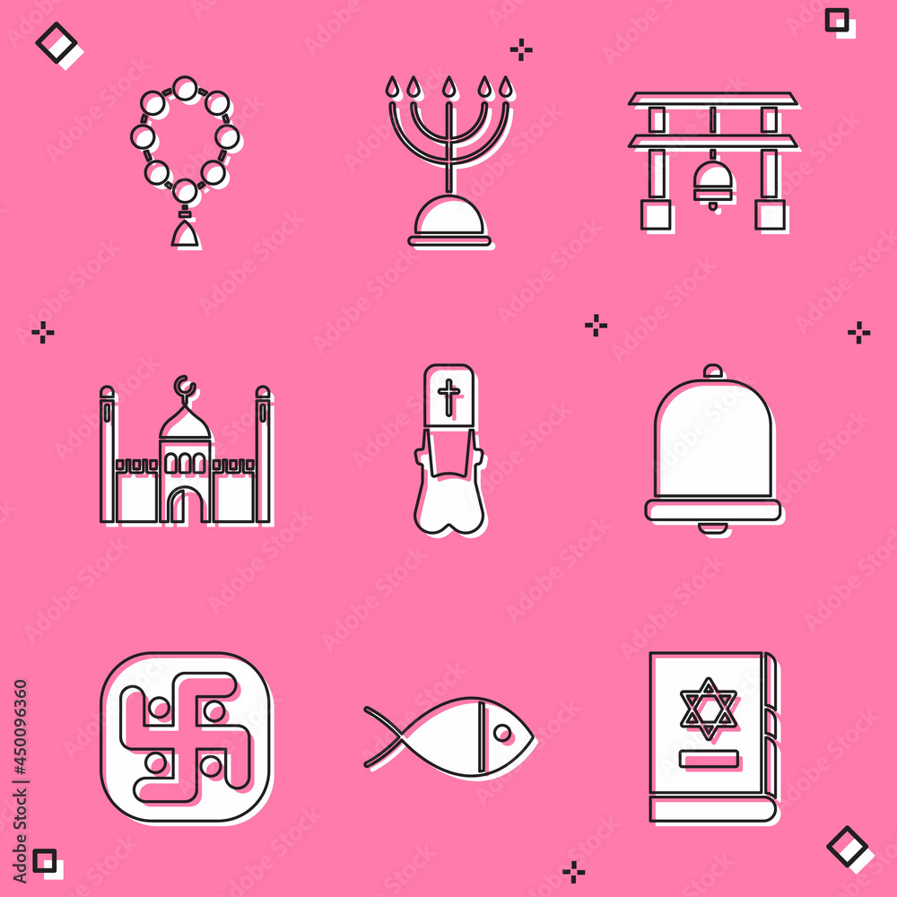 Set Rosary beads religion, Hanukkah menorah, Japan Gate, Muslim Mosque, Priest, Church bell, Jainism and Christian fish icon. Vector Set Rosary beads religion, Hanukkah menorah, Japan Gate, Muslim Mosque, Priest, Church bell, Jainism and Christian fish icon. Vector