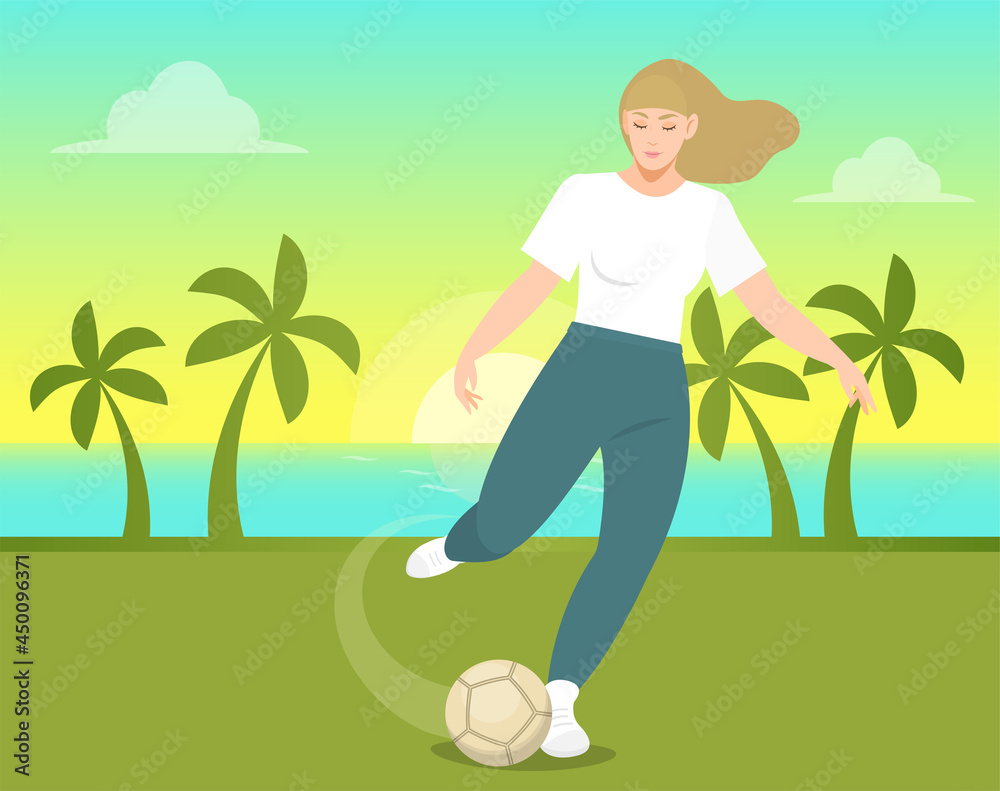 cute girl or woman in sportswear is hitting the ball. Sports vector illustration. The player plays European football, soccer. Women's football (soccer). Background with sunset and palm trees