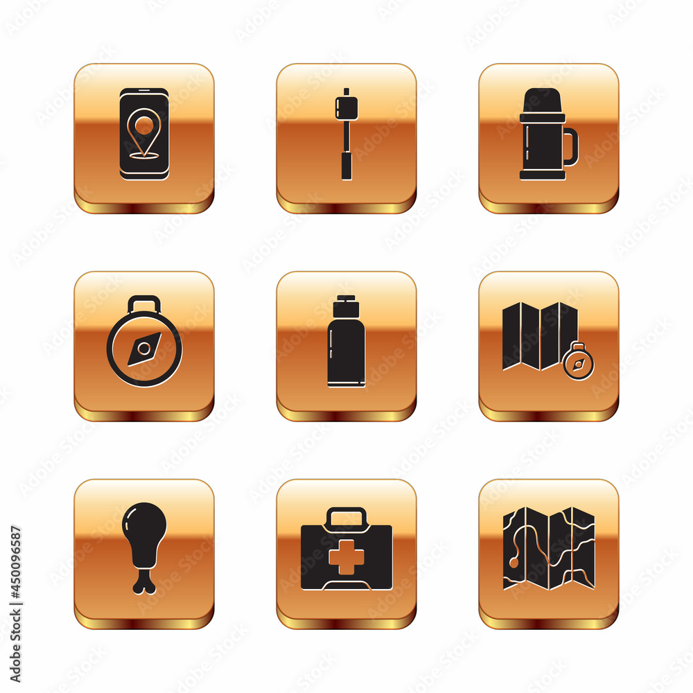 Set City map navigation, Chicken leg, First aid kit, Canteen water bottle, Compass, Thermos container, Location of the forest and Marshmallow stick icon. Vector Set City map navigation, Chicken leg, First aid kit, Canteen water bottle, Compass, Thermos container, Location of the forest and Marshmallow stick icon. Vector