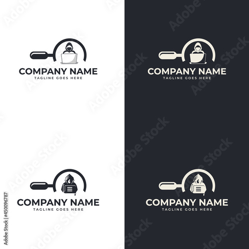 Hacker logo template. hacker man in hoodie jacket looking at a laptop