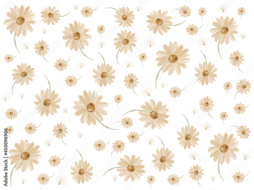 Digital art of daisies and small branches, with a white background Digital art of daisies and small branches, with a white background