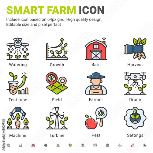 Vector smart farm icon set isolated on white background. Illustration outline color symbols of technology agriculture, Innovation farmer management concept icon for digital farming elements and other