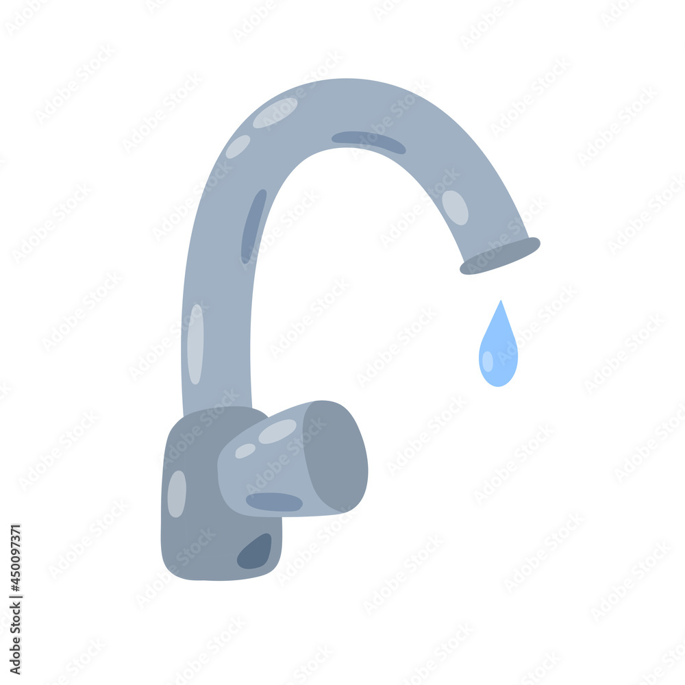 Water tap with falling drop of water. Plumbing in kitchen and bathroom. Flat cartoon isolated on white background