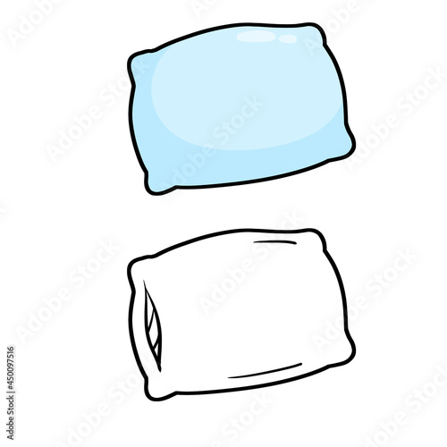 Blue pillow. Soft cushion. Element of bedroom and bed for sleep. Cartoon flat illustration. Color and black and white hand drawn picture