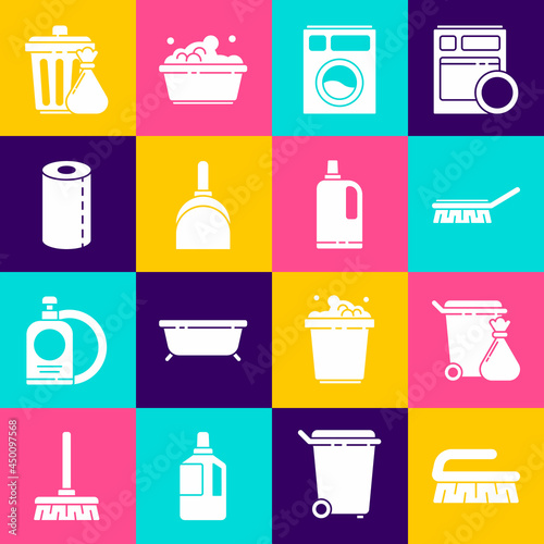 Set Brush for cleaning, Trash can and garbage bag, Washer, Dustpan, Paper towel roll, and Fabric softener icon. Vector