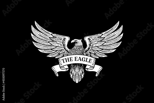 Retro American Eagle Falcon Hawk with Spread Wings and Ribbon Logo Design Vector