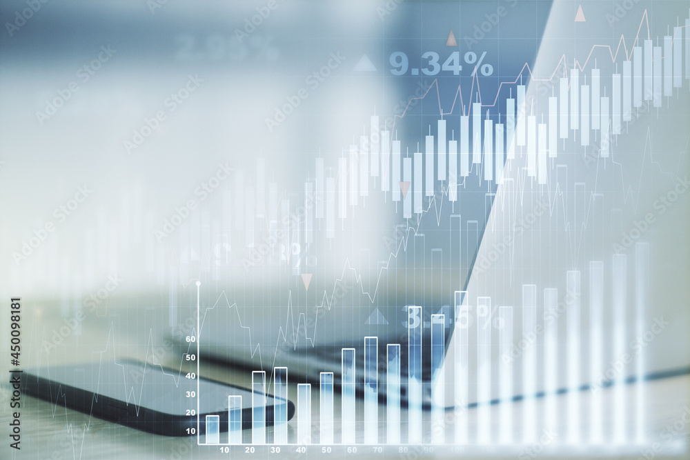 Multi exposure of abstract financial graph on laptop background, financial and trading concept